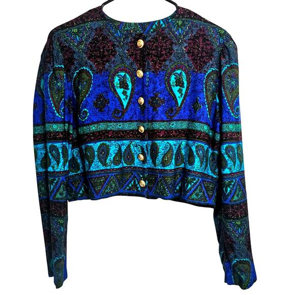 Vintage Karin Stevens Cropped Button Top Blazer Paisley Teal Gold Office Indie - Picture 1 of 6